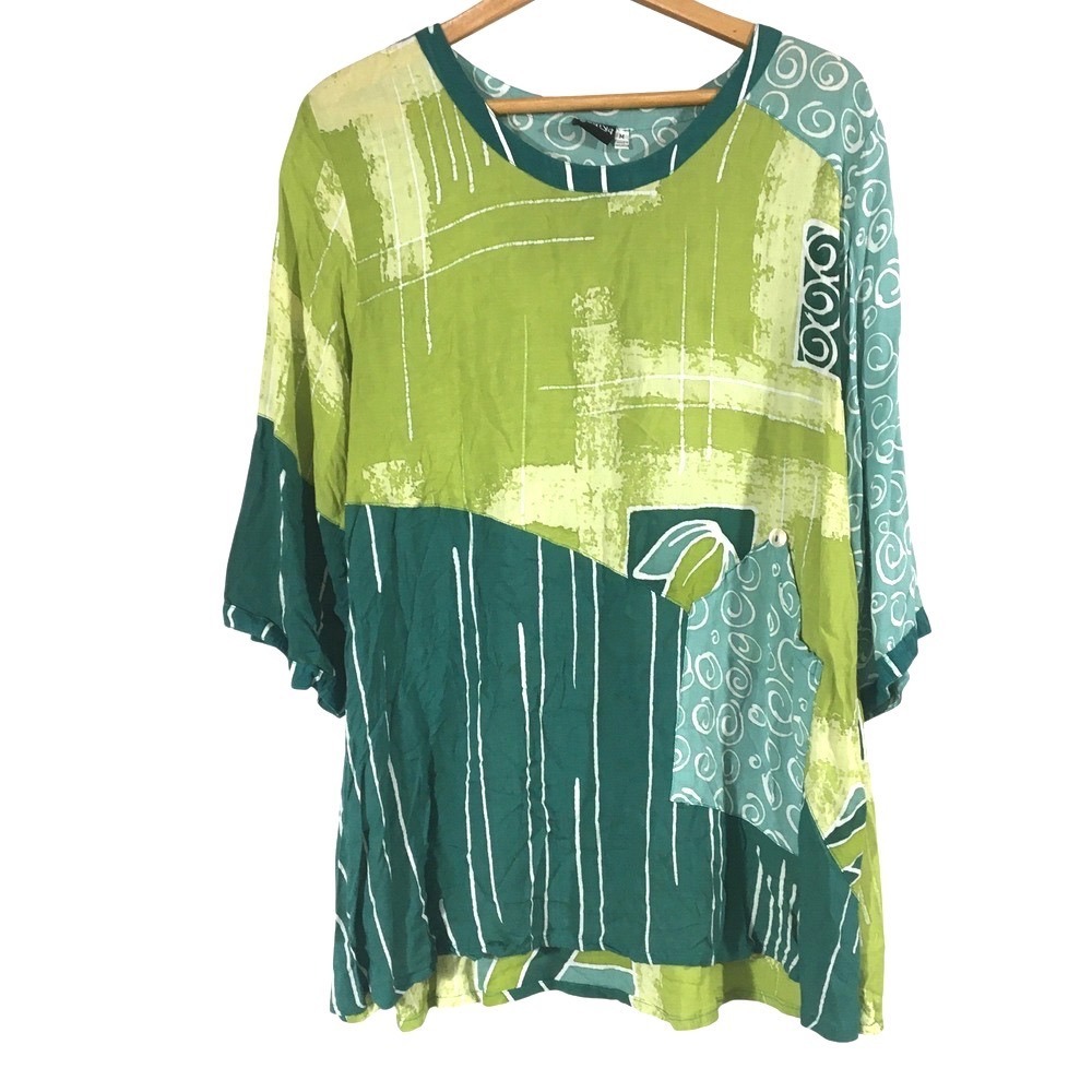 Iguana‎ Abstract Mixed Print Batik Tunic Top Size M Green Teal